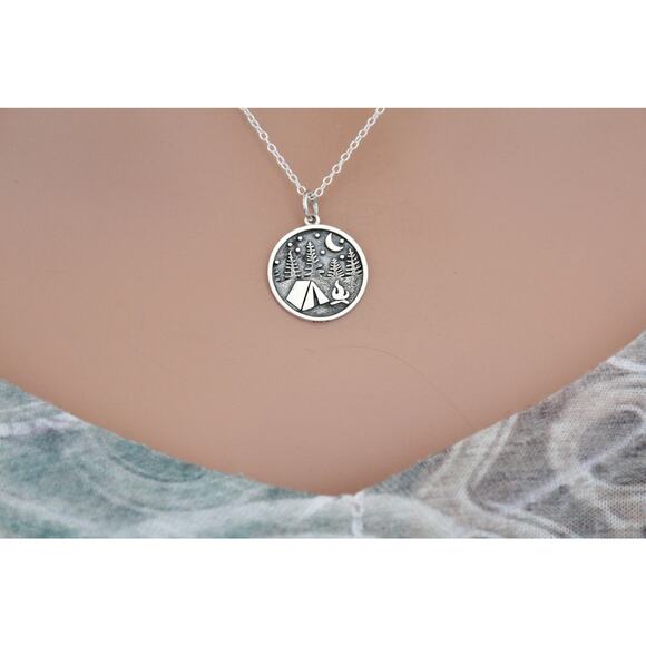 Sterling Silver Camping Charm with Tent and Trees Necklace - Picture 1 of 4